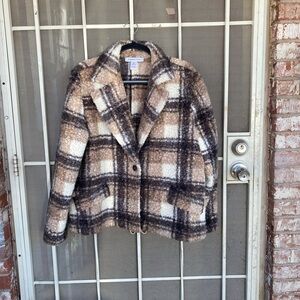 Plaid Teddy Jacket in Brown and Cream